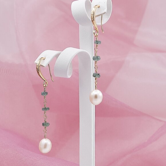 Pearl & Paraiba Tourmaline Earrings, 14K Gold Filled Hammered French Hooks - Picture 1 of 8